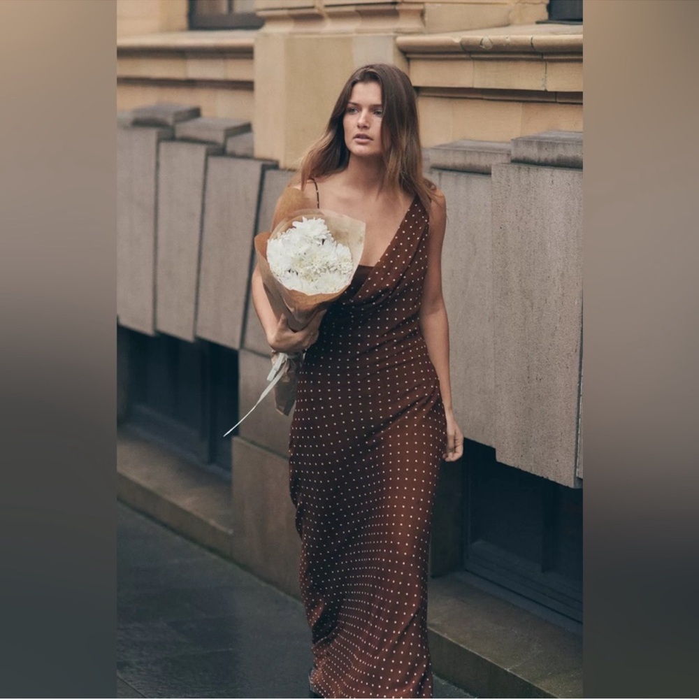 ZARA Brown Draped Neck Polka Dot Maxi Dress - Picture 8 of 17